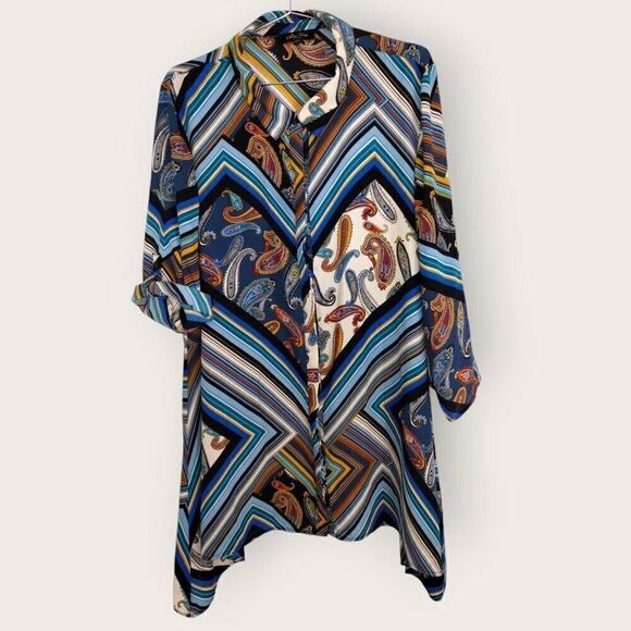 Melissa‎ Paige Womens Top Sz 2X Striped Blue Gold Button Blouse Cottagecore Plus - Picture 1 of 10